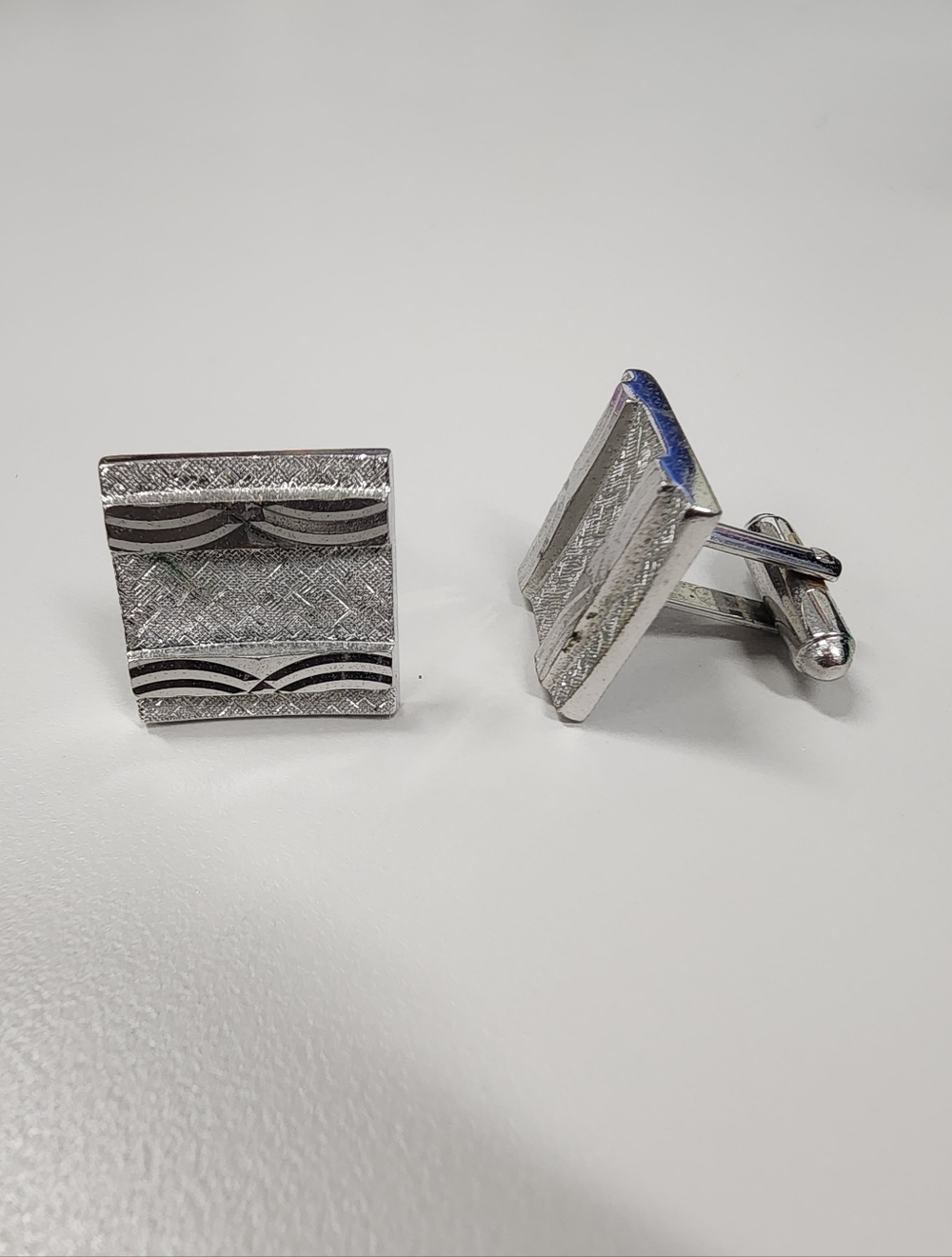 Shields Vintage Mid-Century Silver-Tone Cuff links Square Etched Art Deco Wave